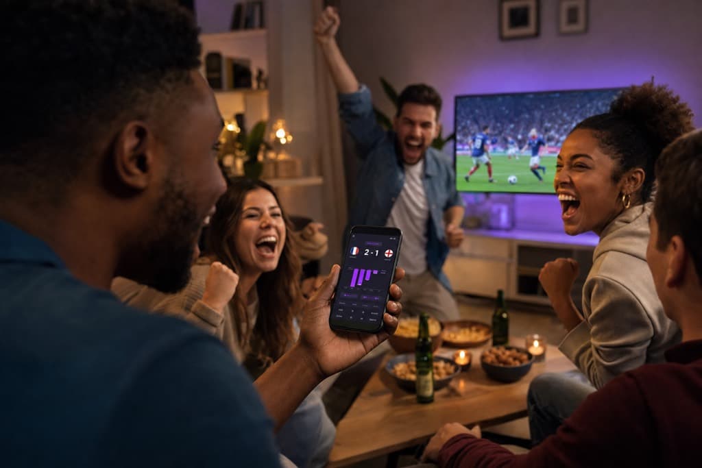 Des supporters suivent le match avec le pronostic XI-AI sur leur téléphone